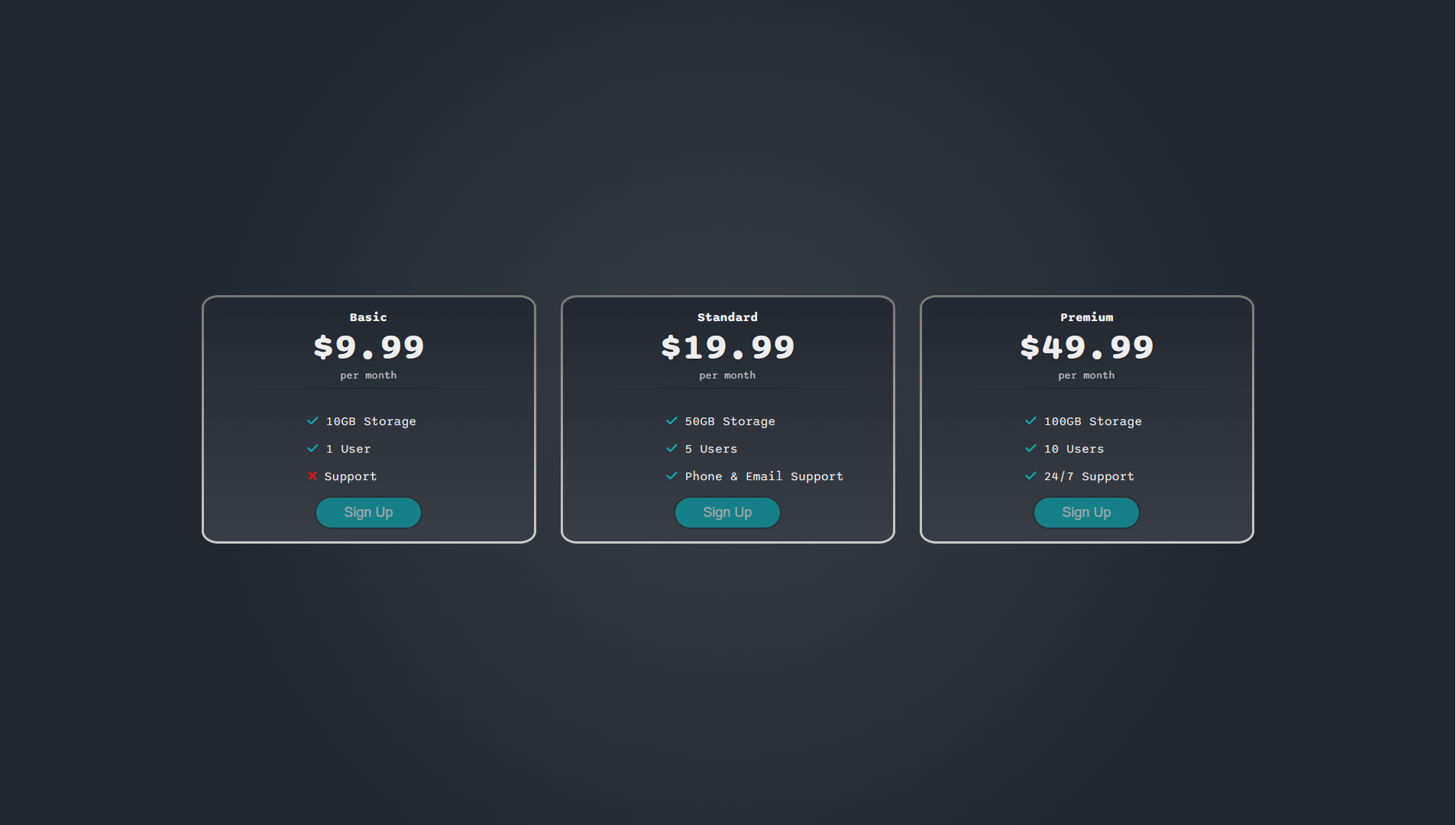 Mock up of a pricing plan.